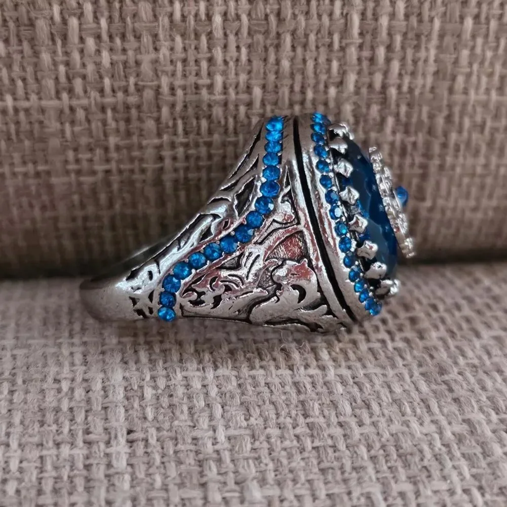 Men Ring Blue Crystals Accent Turkish Style Ring Fashion Jewelry Size
